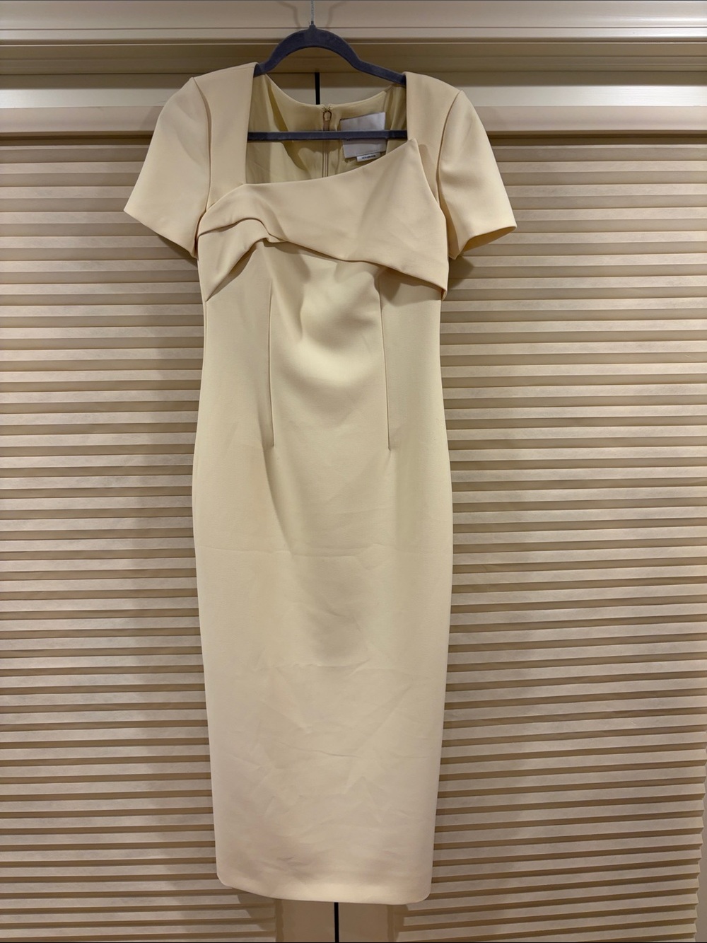 NWOT Roland Mouret Light Yellow Midi Sheath Dress with Draped Bodice, Size US 6